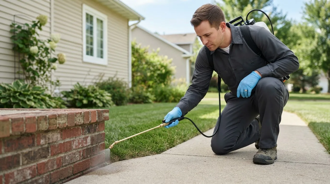 Pest control technician treating a home near Mooreton, ND