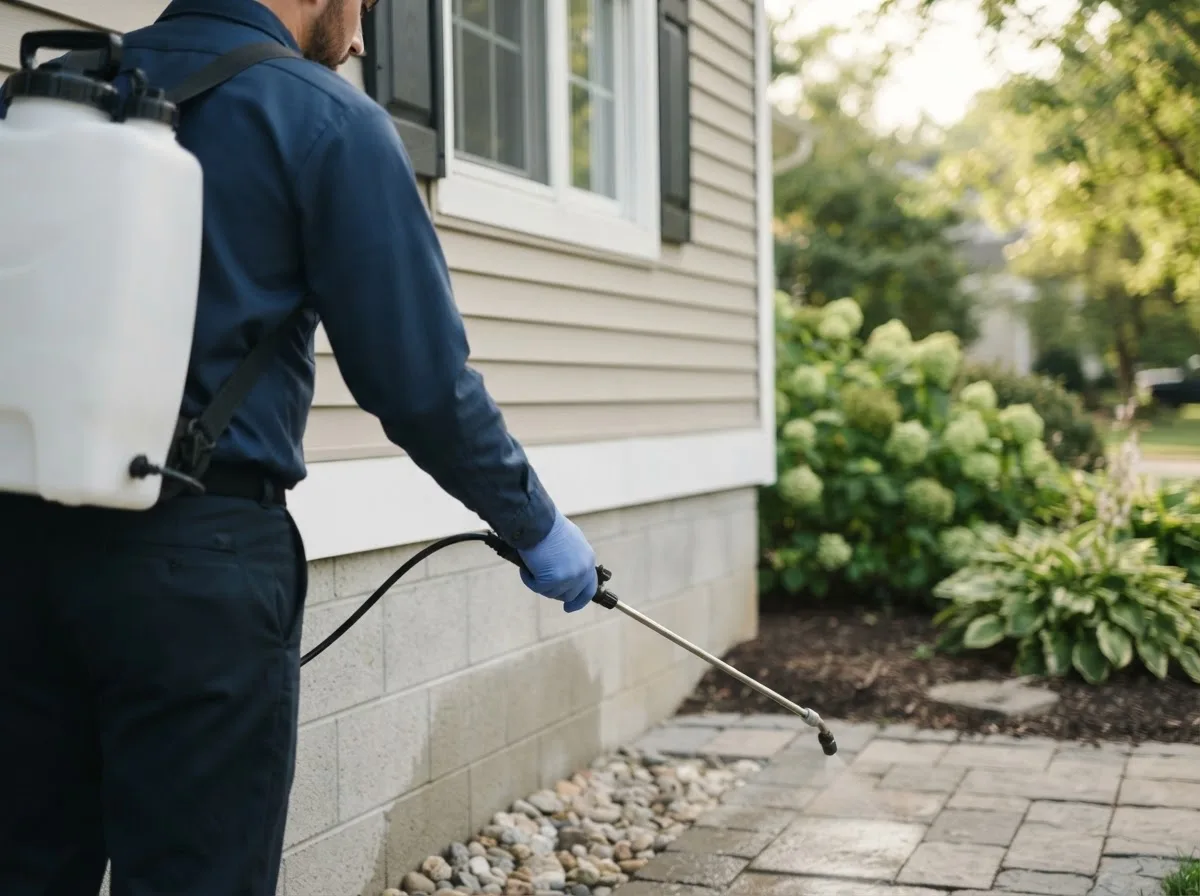 Pest control technician inspecting a home in Mooreton, ND
